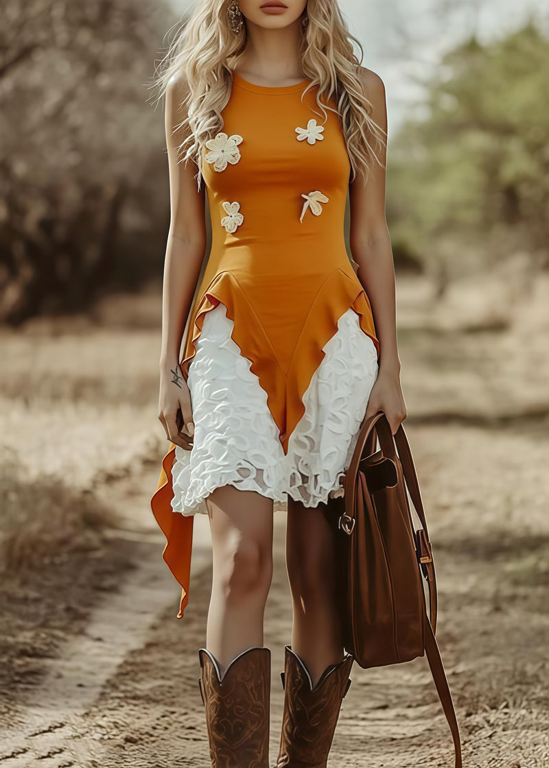 Orange Asymmetrical Cotton Tanks Sleeveless