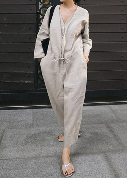 Grey V Neck Button Linen Jumpsuit Spring