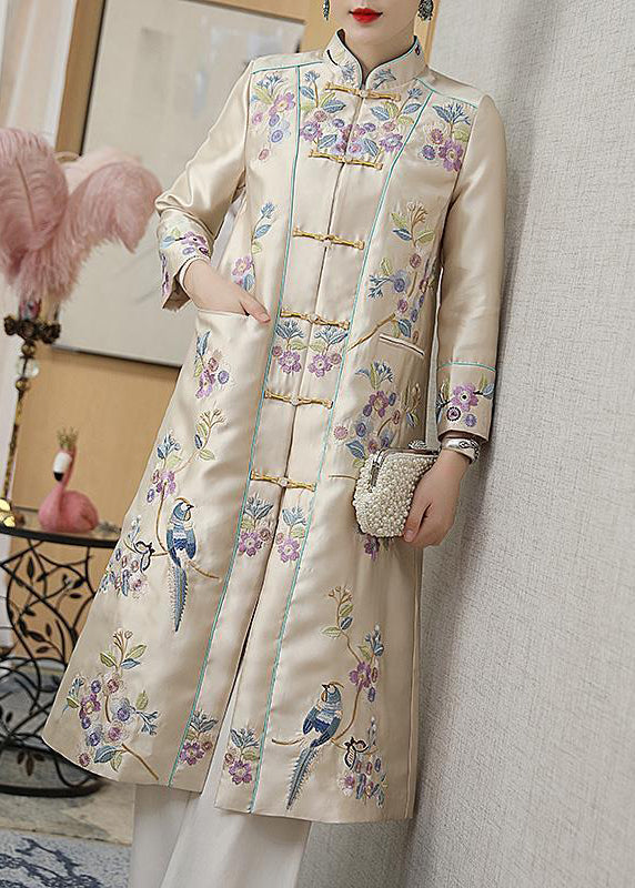 Vogue Champagne Stand Collar Printing Bird Button Pockets Satin Coats Long Sleeve