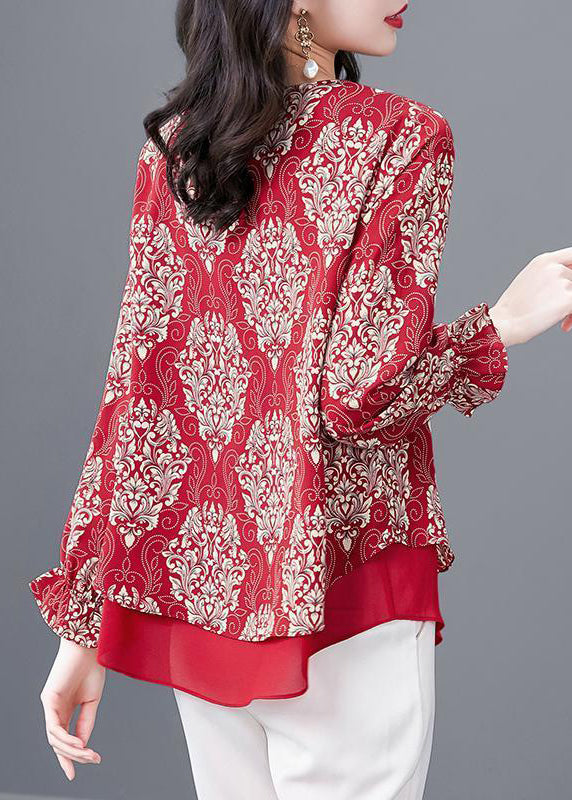 Red O Neck Print Patchwork Chiffon Blouses Flare Sleeve