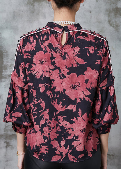 Brick Red Stand Collar Print Chiffon Shirt Top Lantern Sleeve