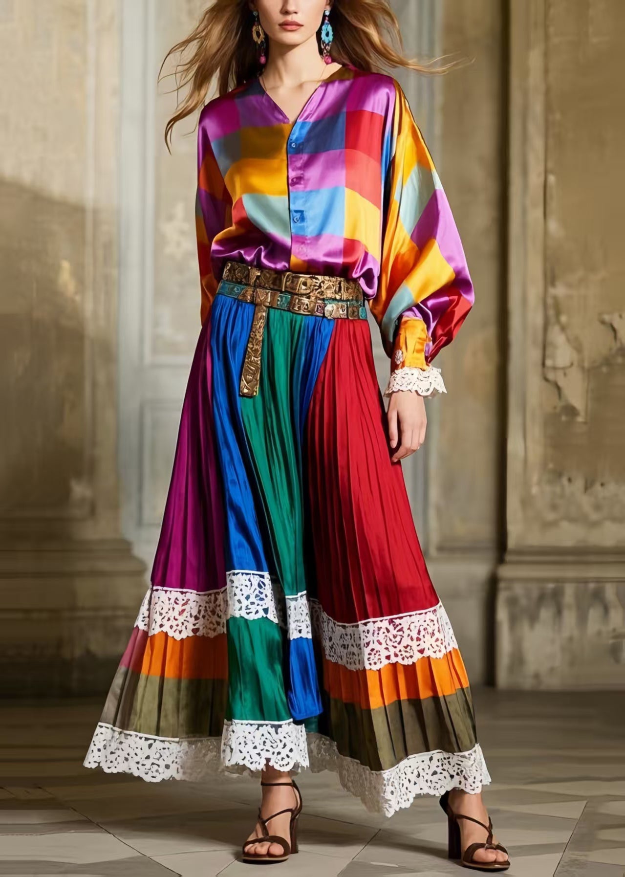 National Style Polychrome Patchwork Lace Exra Large Hem Pleated Skirt