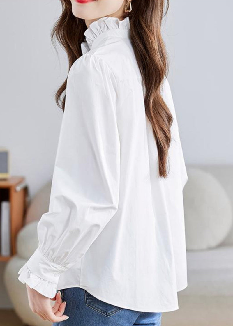 White Stand Collar Ruffled Patchwork Button Shirt Puff Sleeve