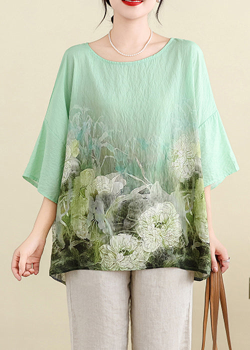 Light Green O Neck Print Cotton T Shirt Batwing Sleeve