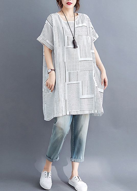 White O-neck Striped Linen Tank Tops Short Sleeve