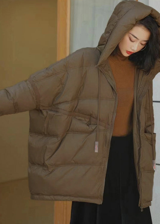 Khaki Hooded Pockets Fine Cotton Filled Witner Coats