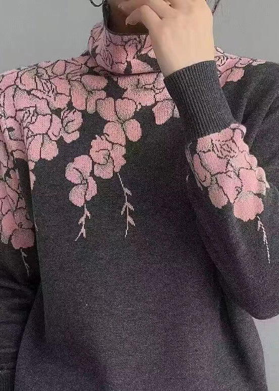 New Grey Turtleneck Patchwork Wool Knit Top Long Sleeve Winter