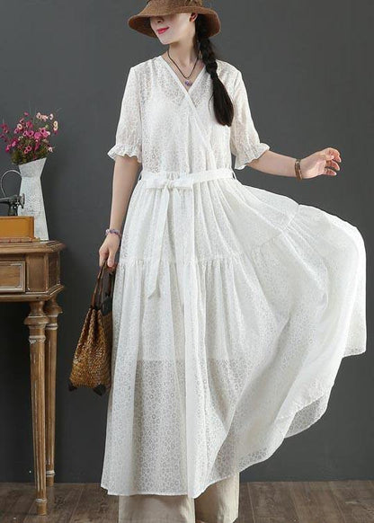 White V Neck Button Maxi Summer Cotton Dress