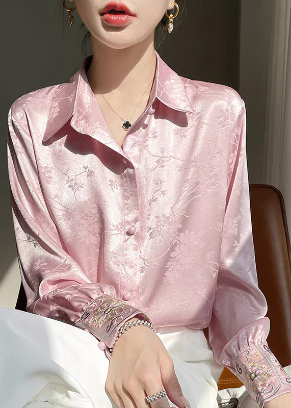 Fine Pink Peter Pan Collar Embroidered Silk Blouse Fall