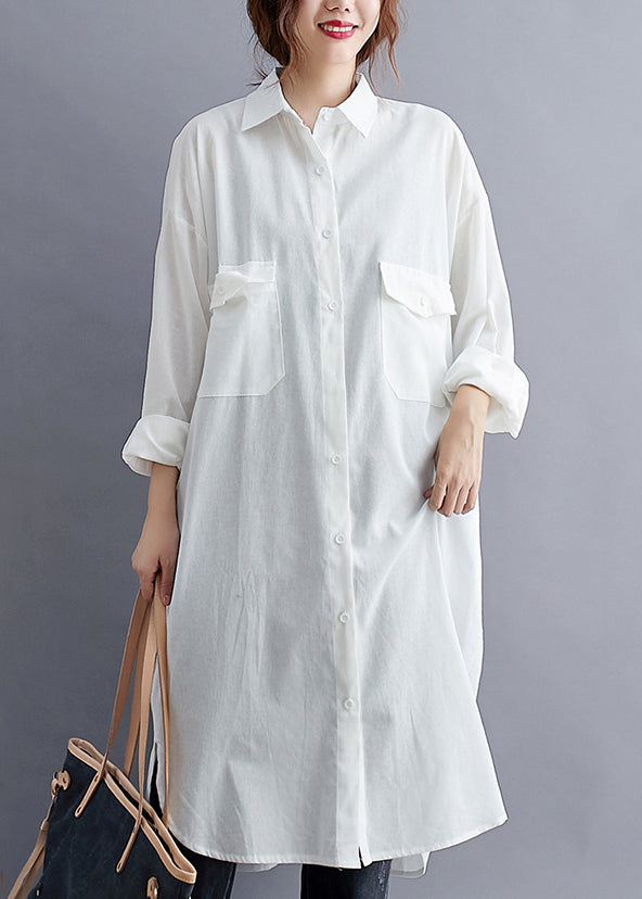 White Peter Pan Collar Button Patchwork Cotton Shirts Dress Fall
