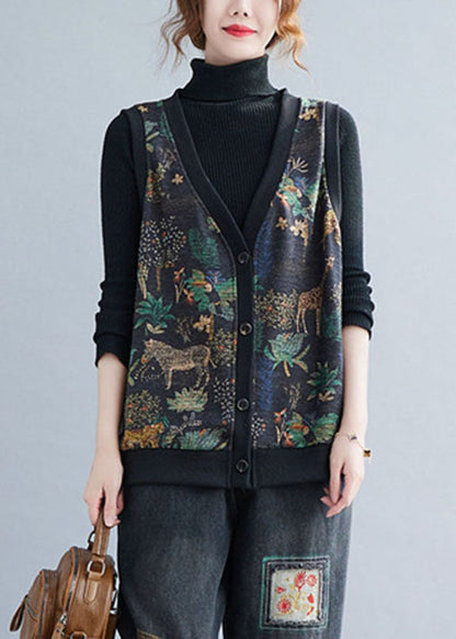 V Neck Print Button Warm Fleece Waistcoatt Winter