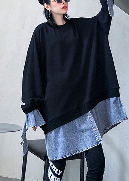Comfy Black O-neck Patchwork Button Fall Sweatshirts Top