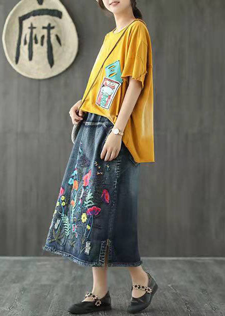 Dark Blue Embroideried Tasseled a Line Summer Skirts Denim
