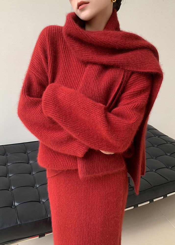Red O-neck Patchwork Sweaters and Skirts Knit Two Pieces Set Fall