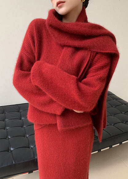 Red O-neck Patchwork Sweaters and Skirts Knit Two Pieces Set Fall