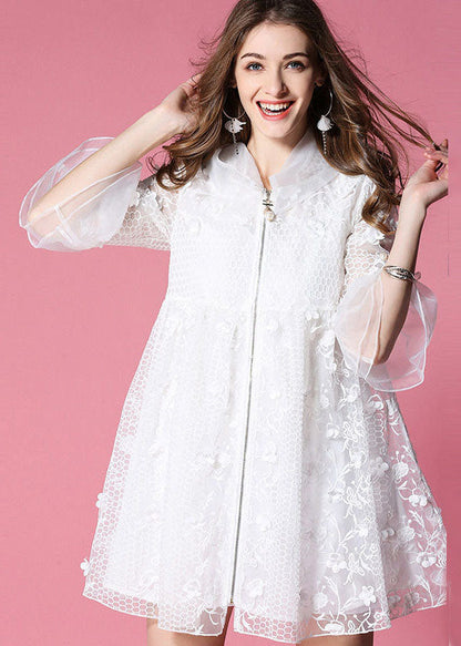 White Hooded Hollow Out Applique Organza Jacket Spring