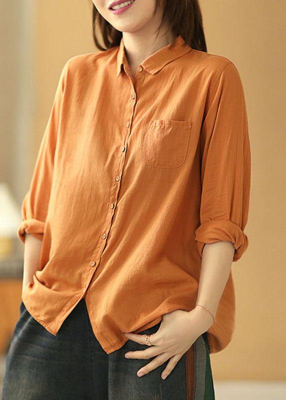 Orange Peterpan Collar Button Pockets Fall Long Sleeve Blouse Top