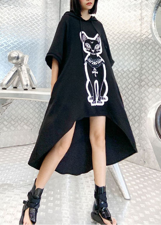 Organic Black Hooded Drawstring Low High Design Print Sweatshirts Dress Spring