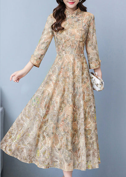 Khaki Print Exra Large Hem Lace Oriental Dresses Fall