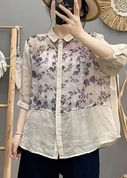 Apricot Print Patchwork Linen Blouse Top Summer