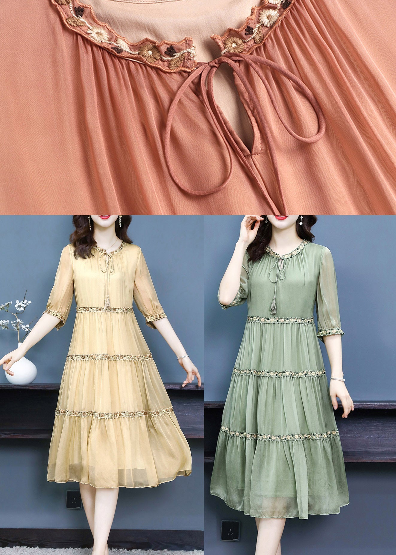 Orange O-neck Embroideried Silk Long Dress Summer