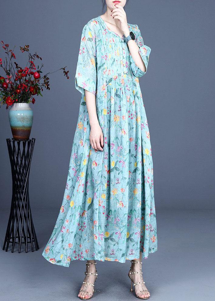 Italian Green Print Cinched Summer Ramie Summer Dresses