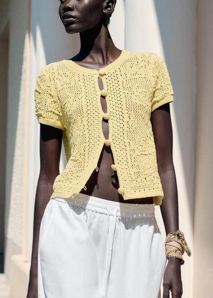 Yellow Button Hollow Out Knit T Shirt Summer