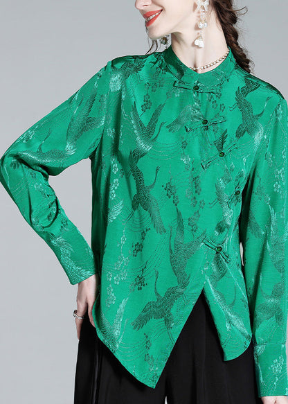 Green Stand Collar Button Jacquard Silk Shirt Spring
