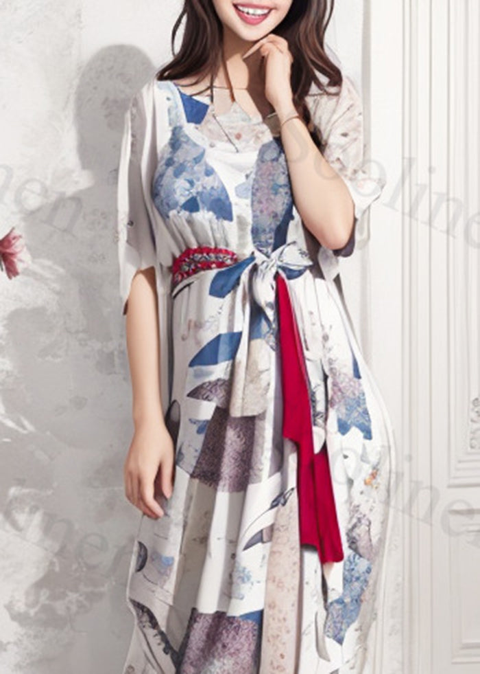 Silm Fit White Cinched Print Silk Dresses Summer