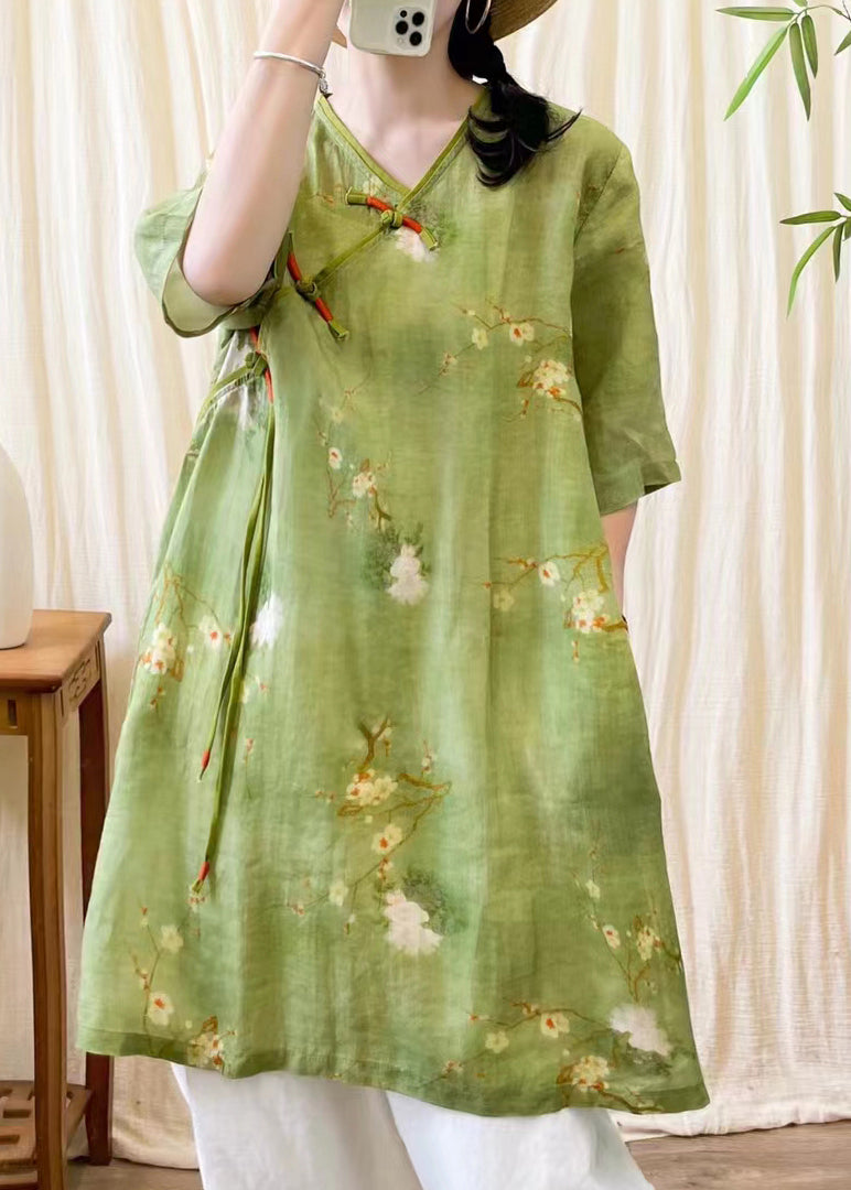 Yellow V Neck Print Chinese Button Linen Mid Dress Summer