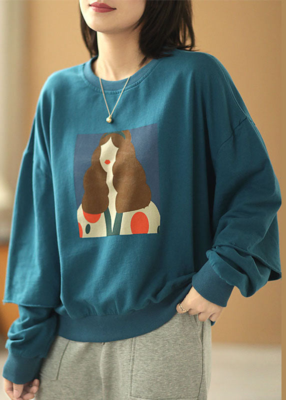 Blue Loose O-neck Print Fall Sweatshirts Top