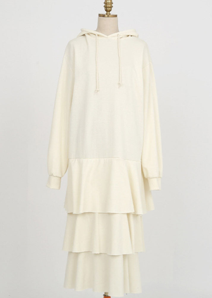 Apricot Hooded Patchwork Ruffled Cotton Dress Spring