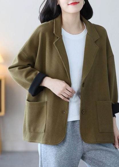 Light Green Notched Collar Pockets Cotton Coats Spring