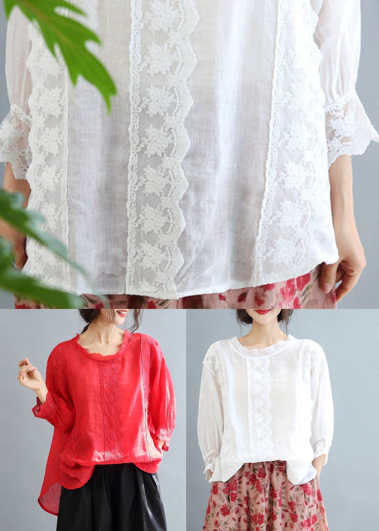 Red Patchwork Lace Linen Loose Tops O-neck Bracelet Sleeve