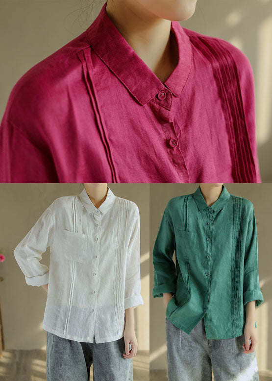 Green Cotton Blend Blouse Tops Button Asymmetrical Design Long Sleeve