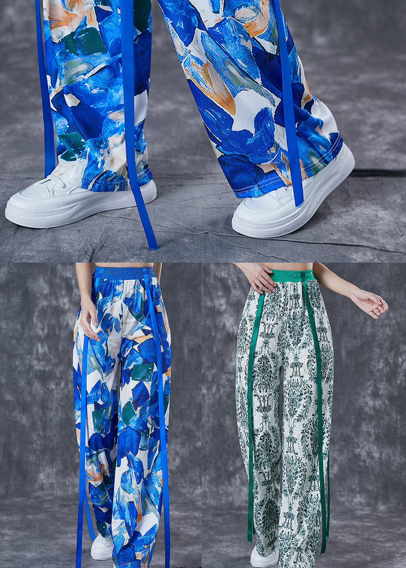 Green Print Ribbon Cotton Straight Pants Fall