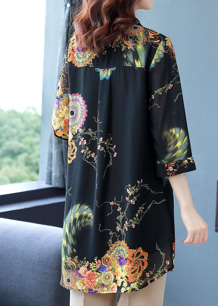 Black Peter Pan Collar Print Button Chiffon Long Blouse Top Bracelet Sleeve