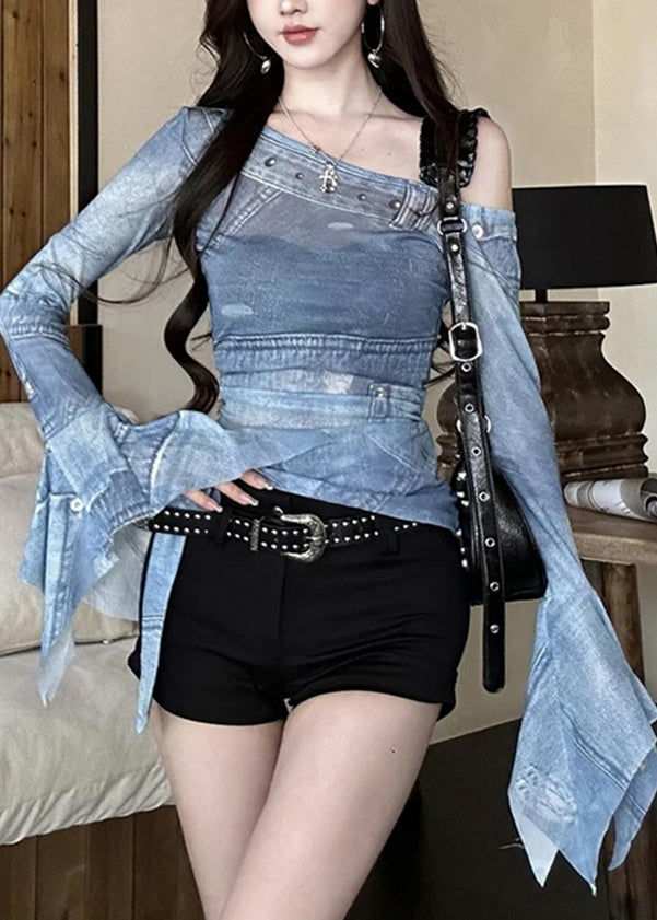 New Off Shoulder Tulle Irregular Printed T-shirt Flare Sleeve