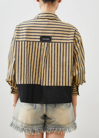 Diy Khaki Striped Patchwork Cotton Blouses Spring