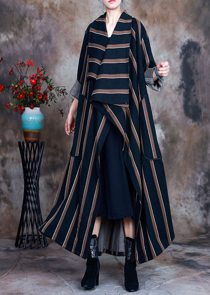 Chocolate Striped Woolen Trench Coats Pockets Spring