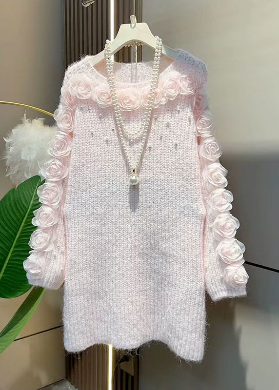 French White O Neck Knit Sweater Dress Spring