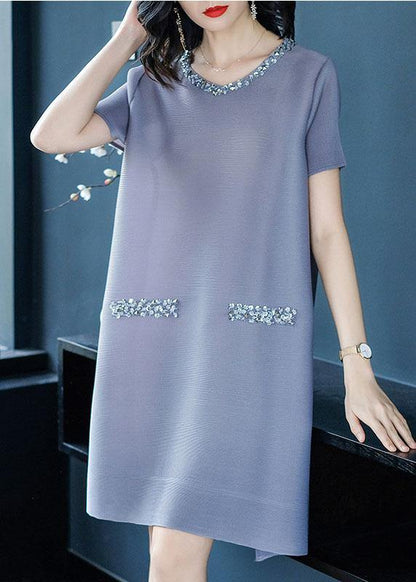 Fine Rose O-neck Nail Bead Summer Mid Dress