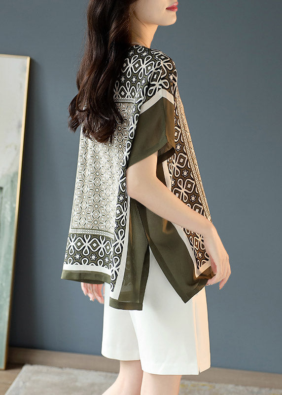 O-neck Print Side Open Silk Top Batwing Sleeve