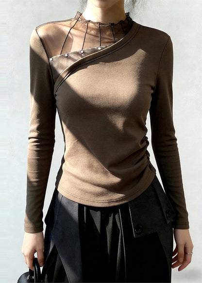 Brown Stand Collar Patchwork Wrinkled Cotton Blouse Top Spring