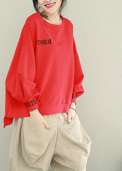 Diy Red O-neck Low High Design Cotton Pullover Street Wear Spring