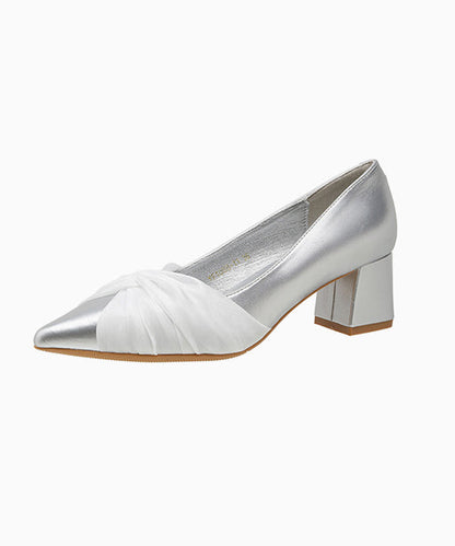 New Tulle Splicing Chunky High Heels Silver Faux Leather