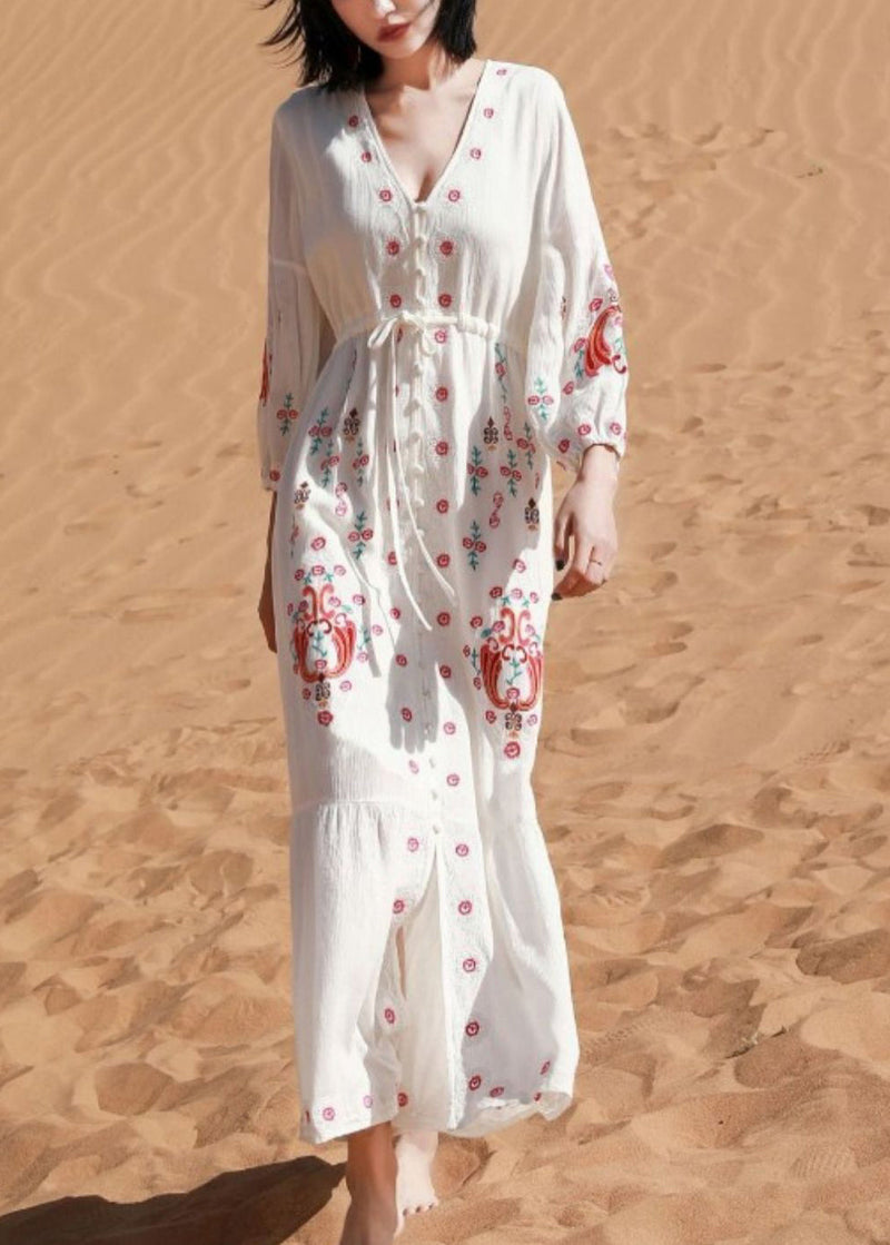 White V Neck Print Tie Waist Cotton Shirts Dresses Spring