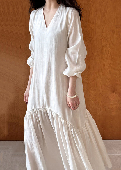 French Apricot V Neck Wrinkled Patchwork Cotton Long Dresses Fall