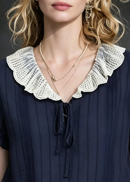 Modern Navy Peter Pan Collar Striped Chiffon Shirts Summer