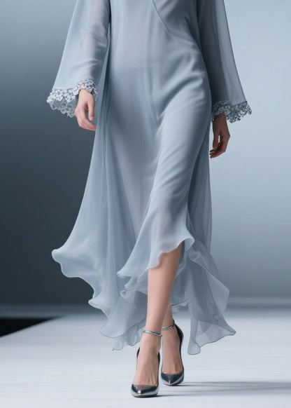 Blue V Neck Lace Chiffon Long Dress Spring